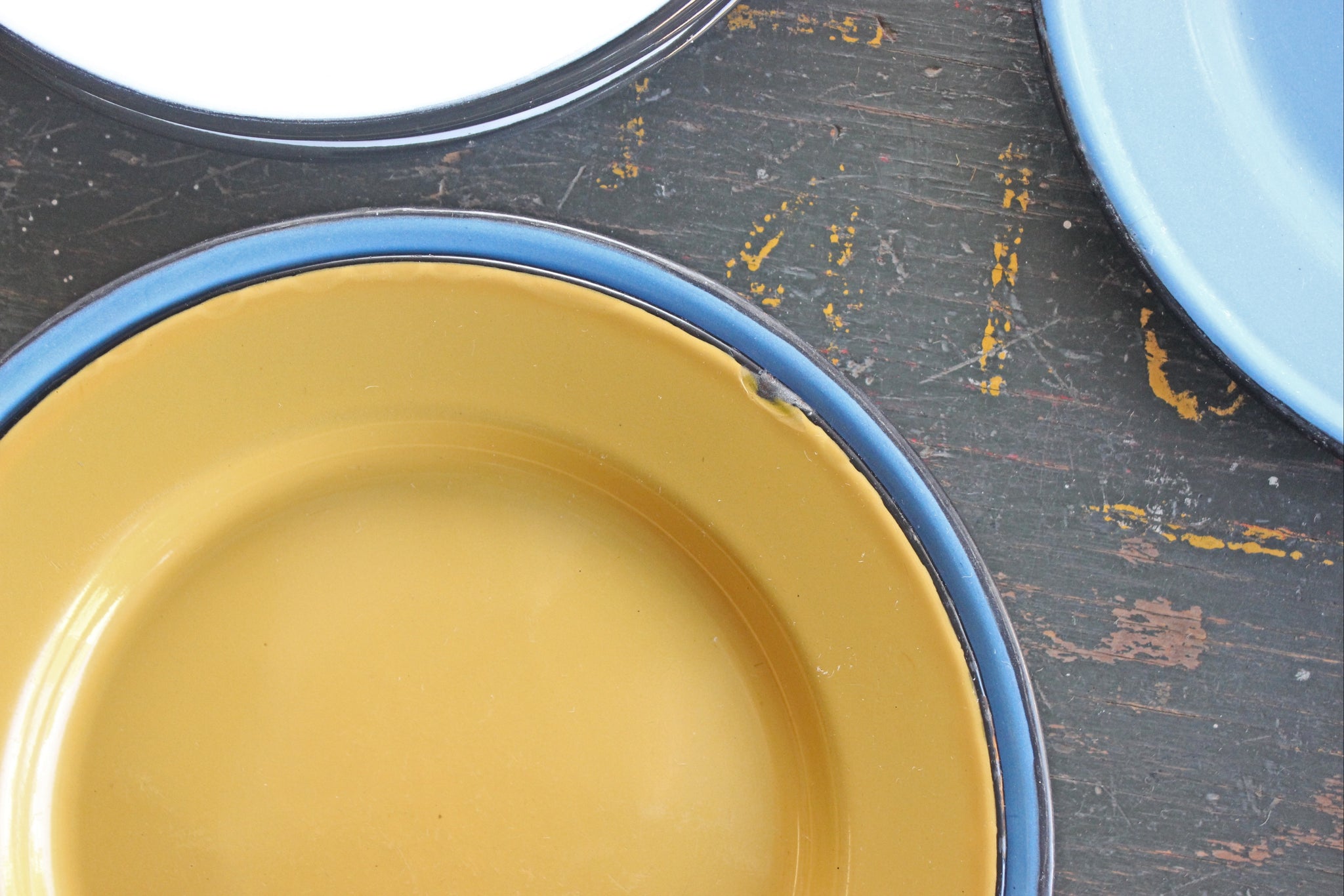 Yellow Enamel Plates, Set of 2 Vintage Metal Camping Plates