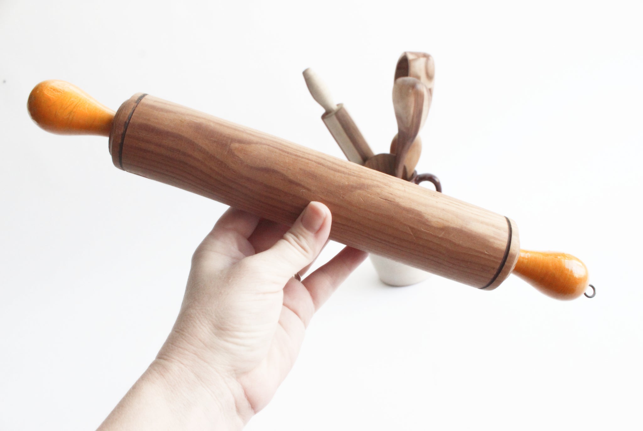 Vintage Wooden Rolling Pin with Painted Yellow Handles
