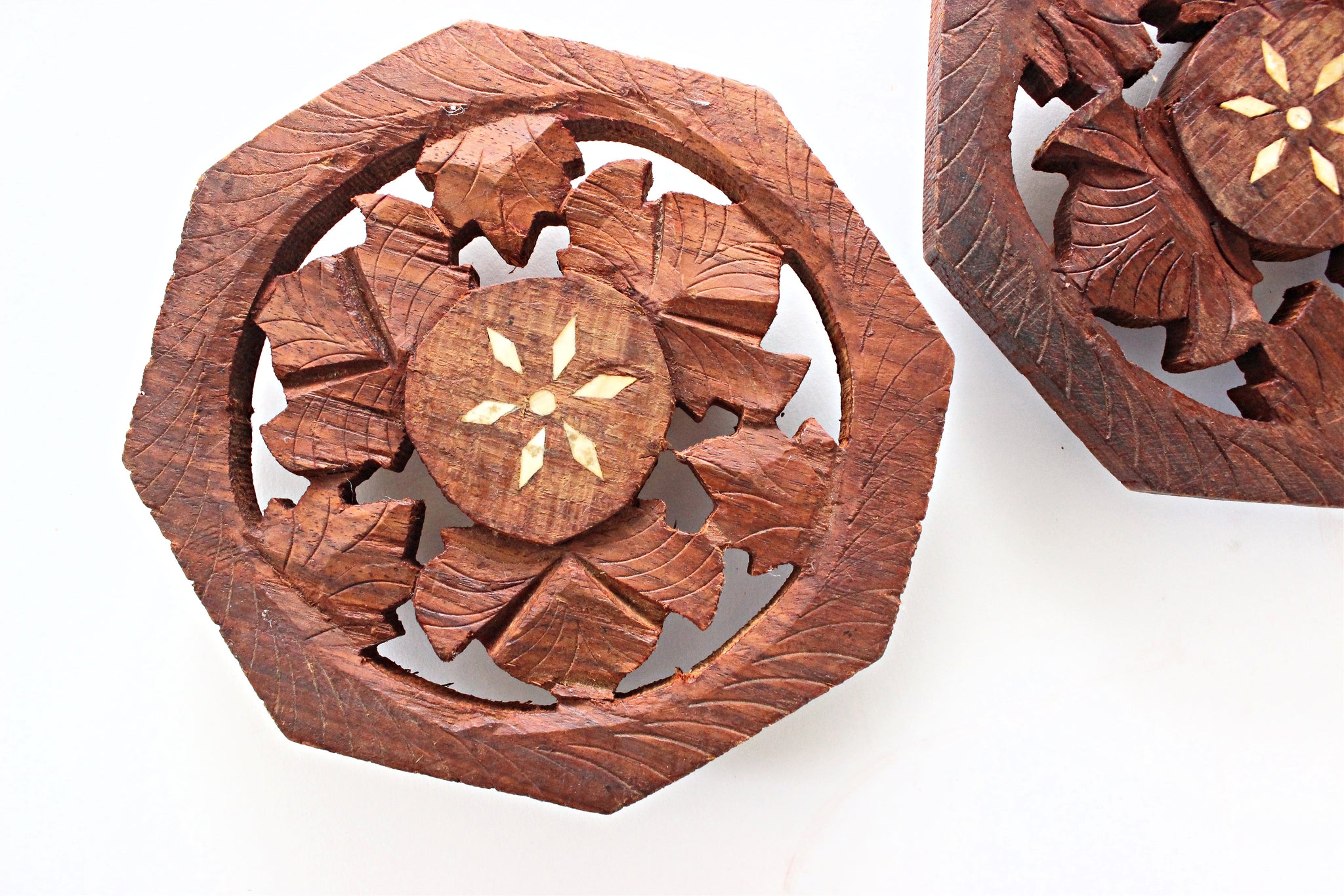 Vintage Wood Trivets, Pair of 2 Hand Carved Trivets