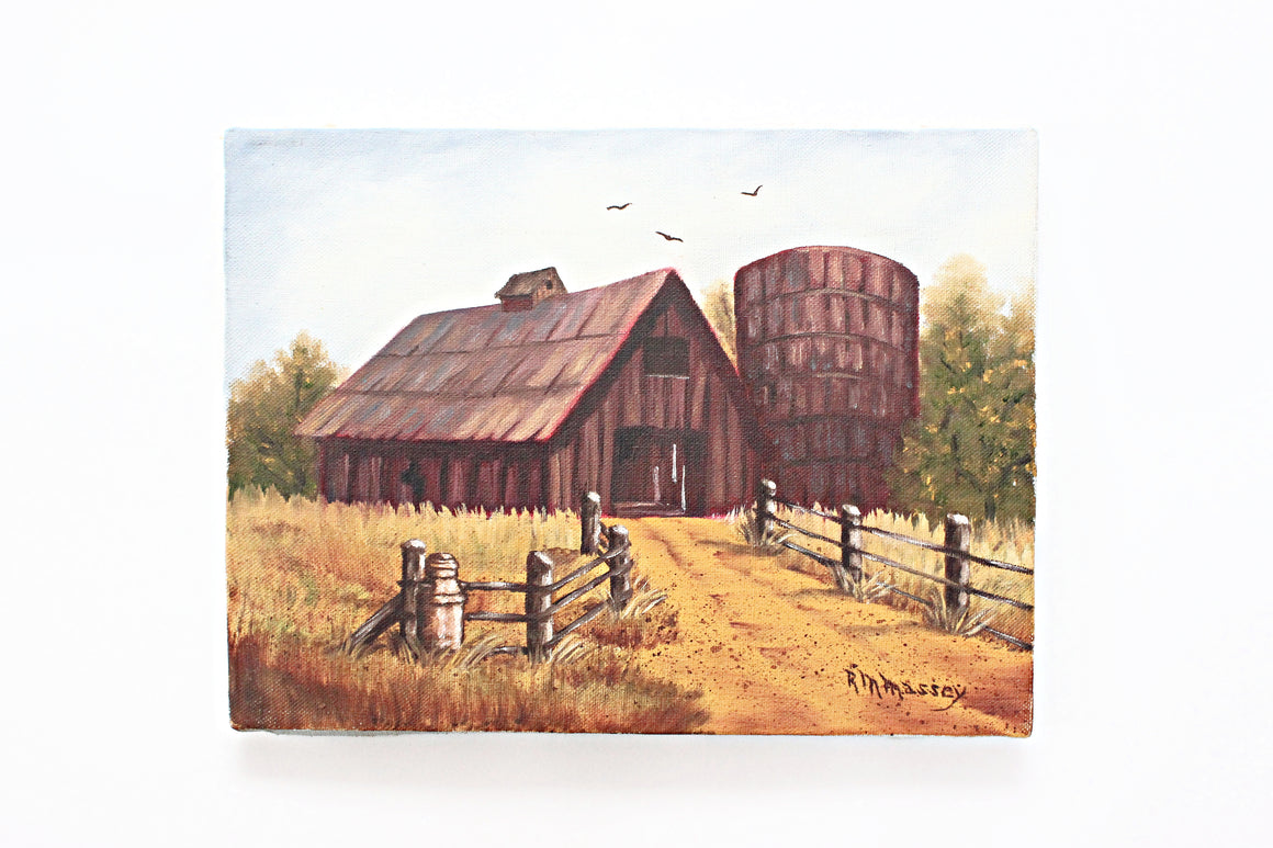 Vintage Oil Painting, Original Artwork, Barn and Silo Farmhouse Scene