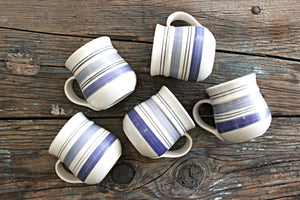 Set of 5 Large Blue & White Striped Mugs, Chunky Stoneware Coffee Mugs