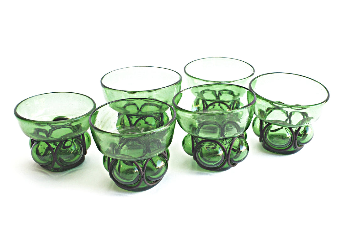 Vintage Green Drinking Glasses, Set of 6 - Hand Blown Water Tumblers