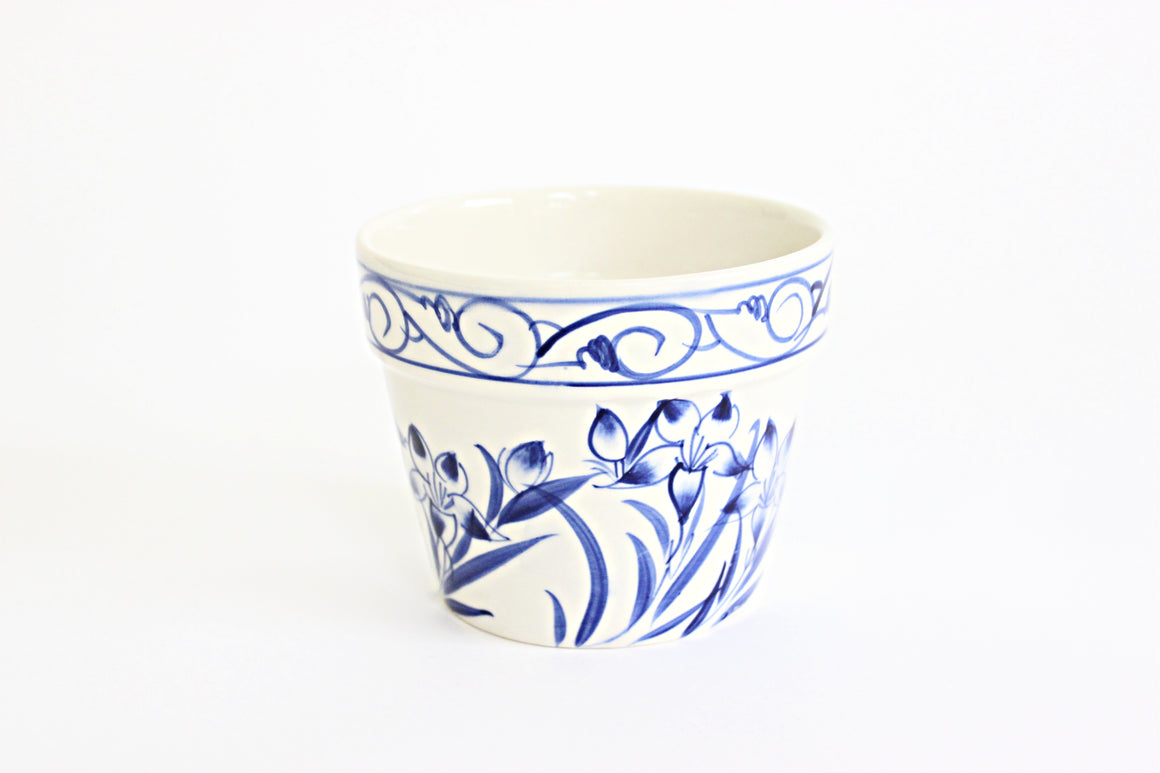Blue & White Hand Painted Planter, Small Ceramic Flower Pot