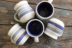 Set of 5 Large Blue & White Striped Mugs, Chunky Stoneware Coffee Mugs