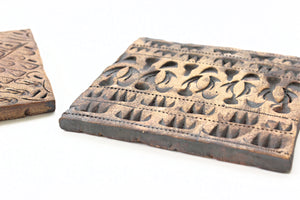 Decorative Stoneware Tiles, Pair of Etched Clay Tiles, Vintage Boho Decor
