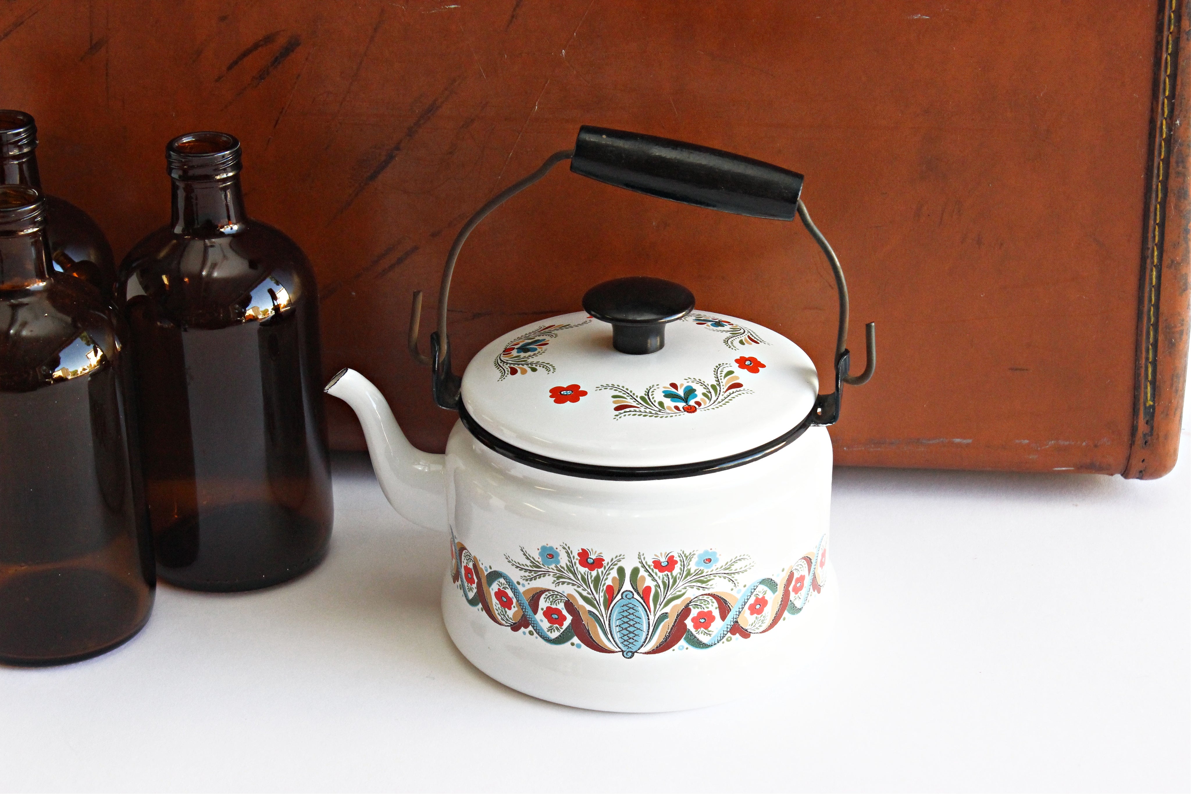 Vintage Enamel Orange Teapot, Mid Century Kitchenware - Mendez Manor