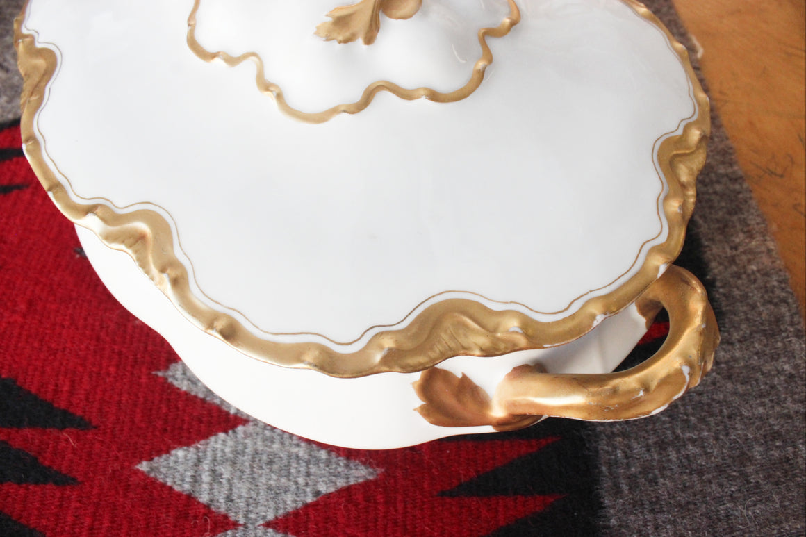 Vintage White and Gold Serving Dish with Lid, Haviland Limoges Porcelain