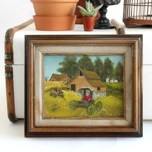 Acrylic On Canvas, Farmhouse & Carriage Scene, Framed Artwork