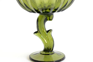 1970s Green Glass Lotus Blossom Bowl, Flower Shaped Pedestal Candy Dish, Vintage Home Decor