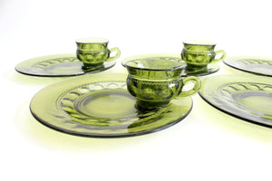 Vintage Green Glass Plates & Cups, Matching Plate and Cup Set, Dinnerware