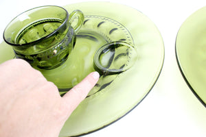 Vintage Green Glass Plates & Cups, Matching Plate and Cup Set, Dinnerware