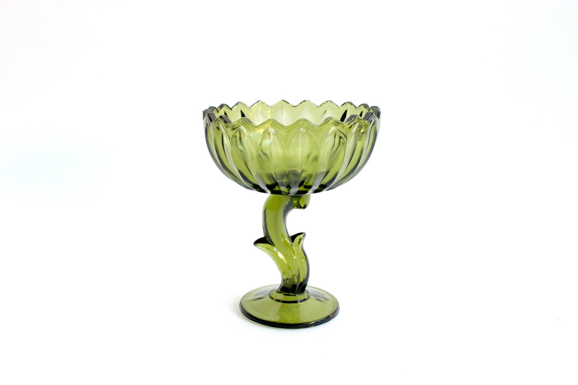 1970s Green Glass Lotus Blossom Bowl, Flower Shaped Pedestal Candy Dish, Vintage Home Decor
