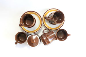 Vintage 1970s Stoneware Coffee Cups, Saucers, Creamer, & Sugar Dish