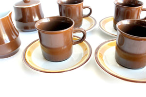 Vintage 1970s Stoneware Coffee Cups, Saucers, Creamer, & Sugar Dish