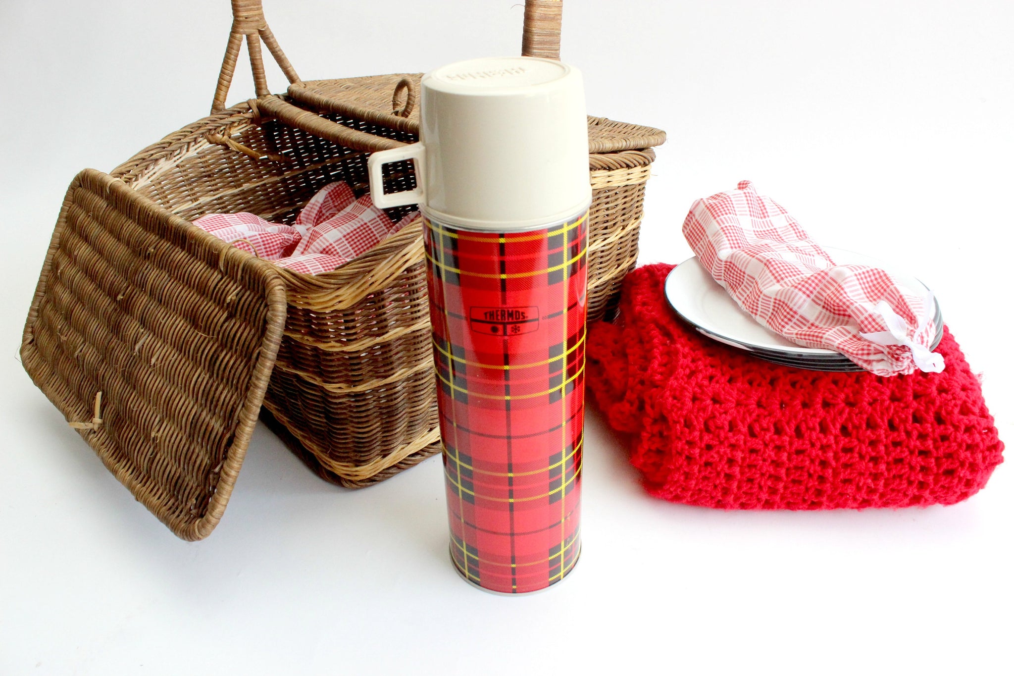 Vtg Red Plaid Thermos Bottle Metal With Cup Glass Insert Retro