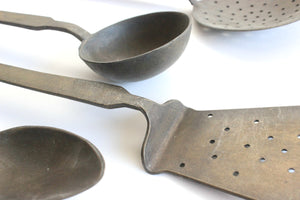 Vintage Cast Iron Cooking Utensils, Rustic Kitchen Decor, Oversized Industrial Kitchen Tools