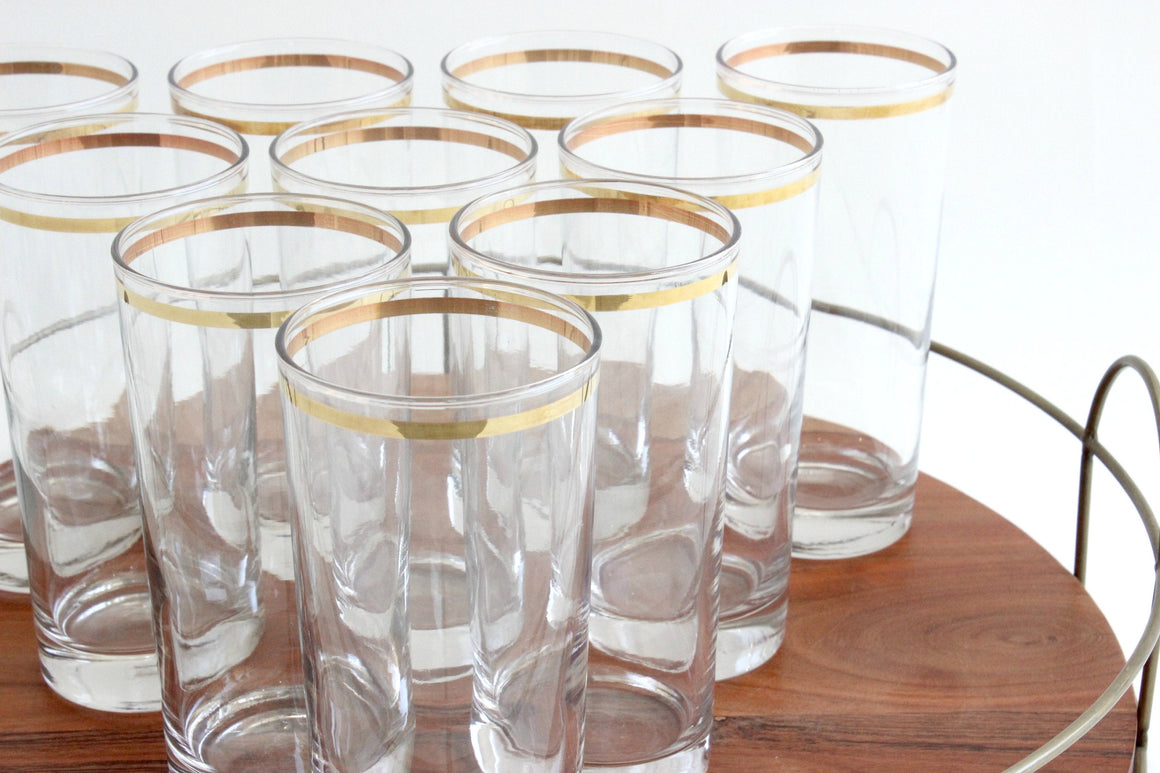 Vintage High Ball Glasses, Set of 11 - Mid Century Tumblers with Gold Trim, Water Glasses