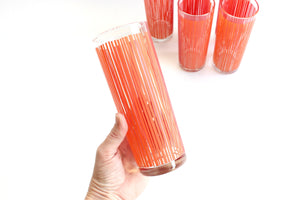 Set of 6 Orange & Red Drinking Glasses, 1970's Modern Water Tumblers, Skinny High Ball Glasses