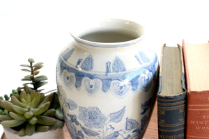 Vintage Blue & White Chinoiserie, Hand Painted Vase, Decorative Ceramic Pottery