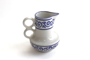 Mexican Stoneware Pitcher, Hand Painted Ceramic Vase, Blue & White Pottery