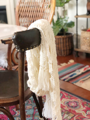 Vintage White Crochet Scarf, Knit Shoulder Wrap, Table Runner