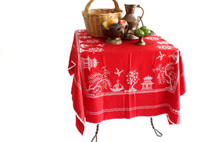 Vintage Red Chinese Tablecloth, Hand Embroidered Tablecloth