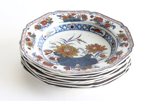 Set of 7 Chinese Transferware Plates, Blue & Orange Vintage Dinner Plates