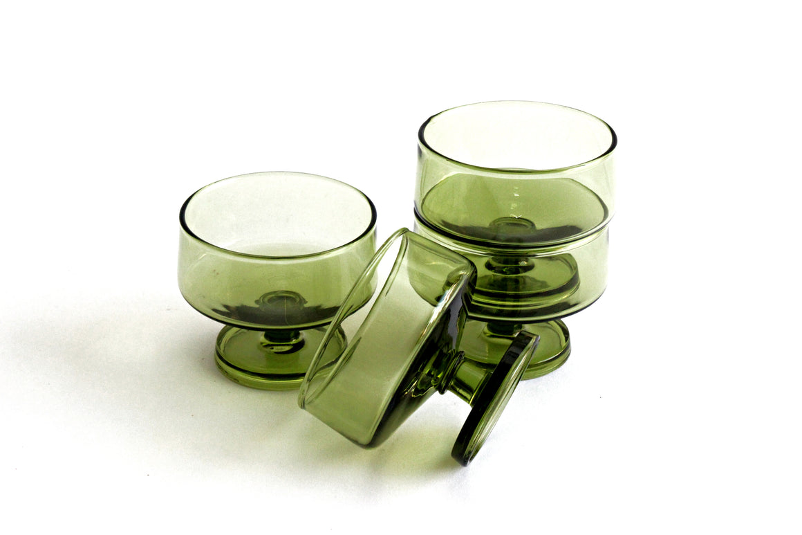 Set of 4 1970's Green Glass Dessert Bowls, Small Round Pedestal Dishes