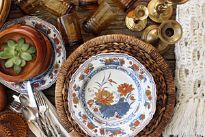 Set of 7 Chinese Transferware Plates, Blue & Orange Vintage Dinner Plates