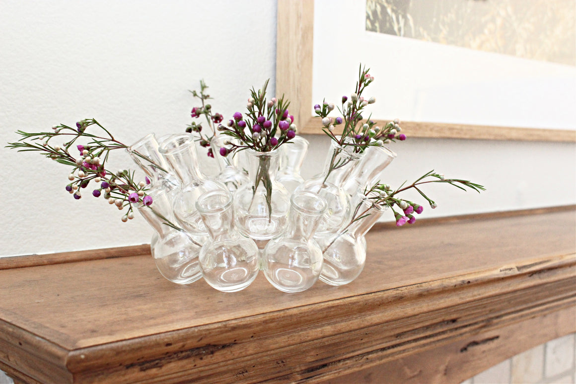 Vintage Glass Cluster Vase, Floral Seven Arranger, Mid Century Modern Home Decor