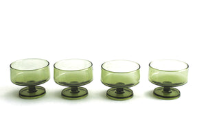 Set of 4 1970's Green Glass Dessert Bowls, Small Round Pedestal Dishes