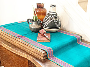 Turquoise Table Runner, Vintage Handmade Table Linen, Sustainable Textiles