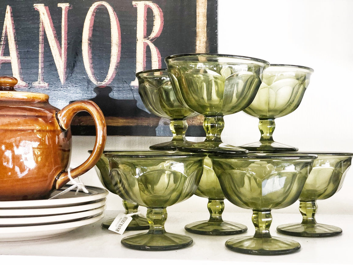 Vintage Green Glass Ice Cream Cups, Dessert Bowls, Mid Century Kitchen Ware