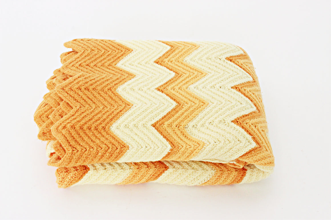 Vintage Knit Blanket, Orange & Cream Stripped Throw Blanket