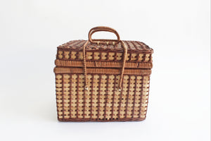 Wicker & Bamboo Picnic Basket, 1960s Woven Food Storage Basket