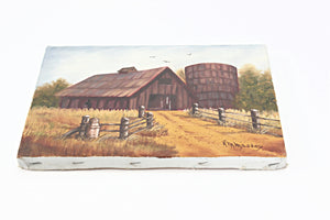 Vintage Oil Painting, Original Artwork, Barn and Silo Farmhouse Scene